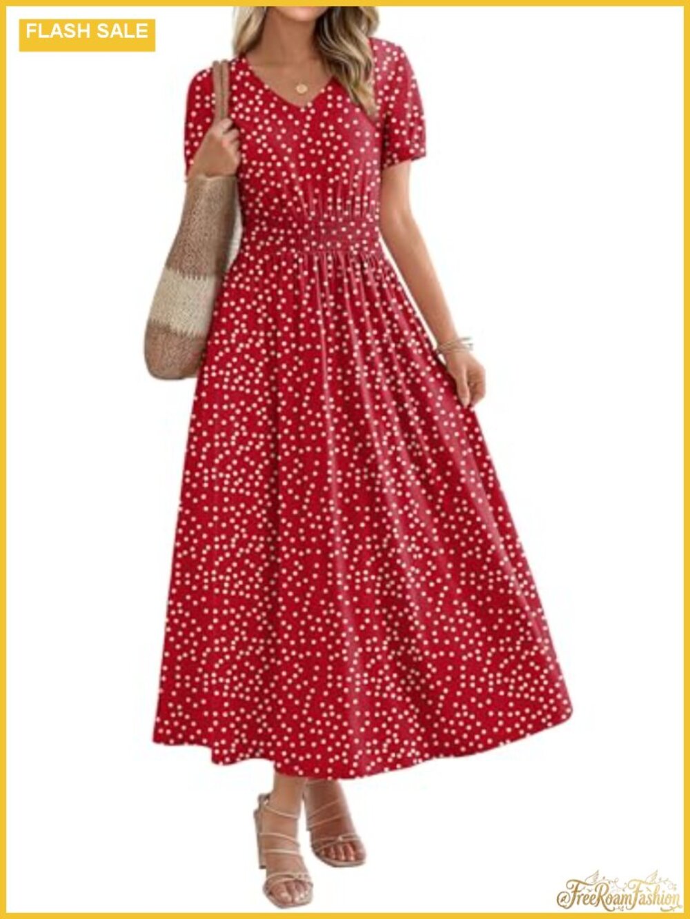 Women's Maxi Dress V Neck A Line Smocked Waist Loose Fit Summer Beach